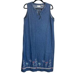 Vanity Fair Vintage Blue Denim Sleeveless Midi Dress Sz 18 Floral Embroidery